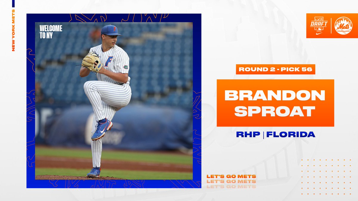 Mets's tweet photo. Brandon Sproat is Big Apple bound. 🍎

With the 56th overall pick in the #MLBDraft, we’ve selected @BrandonSproat . https://t.co/uycMLc9BCJ
