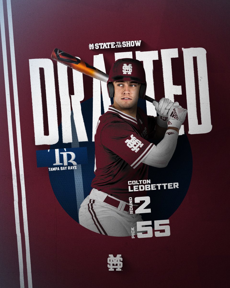HailStateBB's tweet photo. Our dude @ColtonLedbette9 is off the board!   

He is heading to @RaysBaseball with the 55th overall pick!  

#StateToTheShow | #HailState🐶 https://t.co/mRQeNvkMLE
