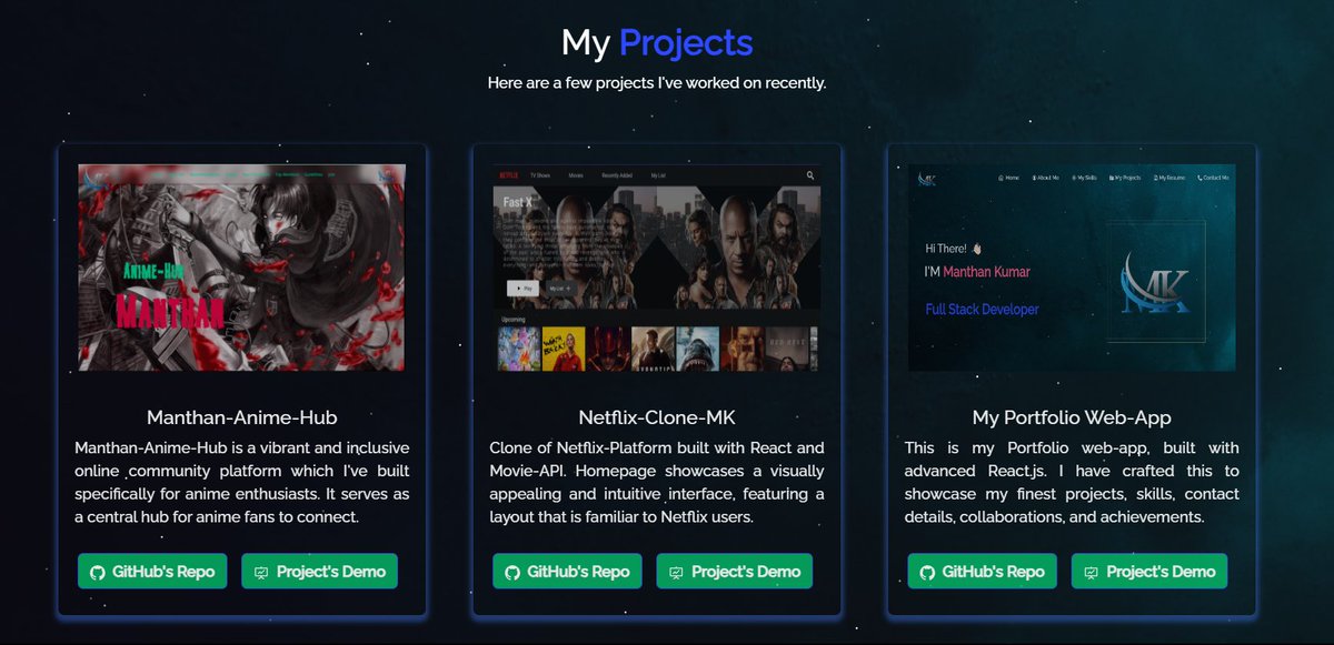 Mk4Coder's tweet image. 🚀 Excited to announce the launch of my Portfolio website built with advanced React.js!  🎉 
It's a showcase of my creative journey, skills, my finest projects and achievements. Come and explore my portfolio at :- 
manthan-mk-portfolio.vercel.app
 
#portfolio  #reactjs #webdevelopment