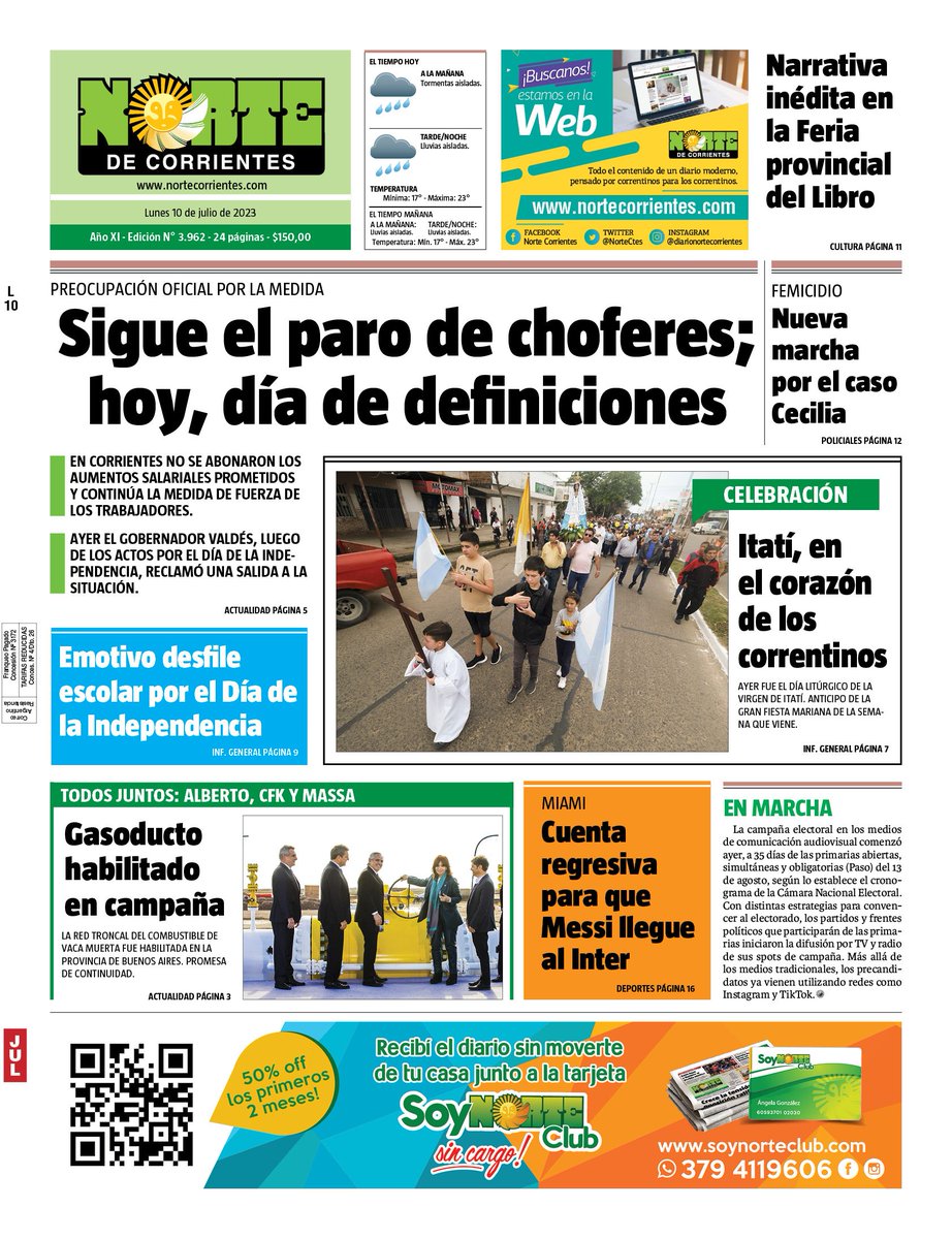 NorteCtes's tweet photo. #BuenLunes. #NuestraTapa del Lunes 10 de julio de 2023. @NorteCtes @DiarioNorteCom https://t.co/oU7AlZlhT6