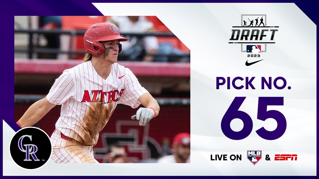With the 65th pick, the @Rockies select @AztecBaseball catcher Cole Carrigg, No. 47 on the Top 250 Draft Prospects list. Watch live: atmlb.com/44DKVbZ