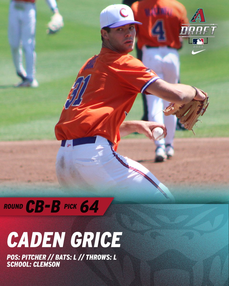 Arizona Diamondbacks (@dbacks) on Twitter photo With the 64th pick in the 2023 #MLBDraft, the #Dbacks select pitcher Caden Grice from <a href="/ClemsonBaseball/">Clemson Baseball</a>.
Welcome to Arizona, <a href="/CadenGrice3/">Caden Grice</a>! #ArizonaBorn With the 64th pick in the 2023 #MLBDraft, the #Dbacks select pitcher Caden Grice from <a href="/ClemsonBaseball/">Clemson Baseball</a>.
Welcome to Arizona, <a href="/CadenGrice3/">Caden Grice</a>! #ArizonaBorn