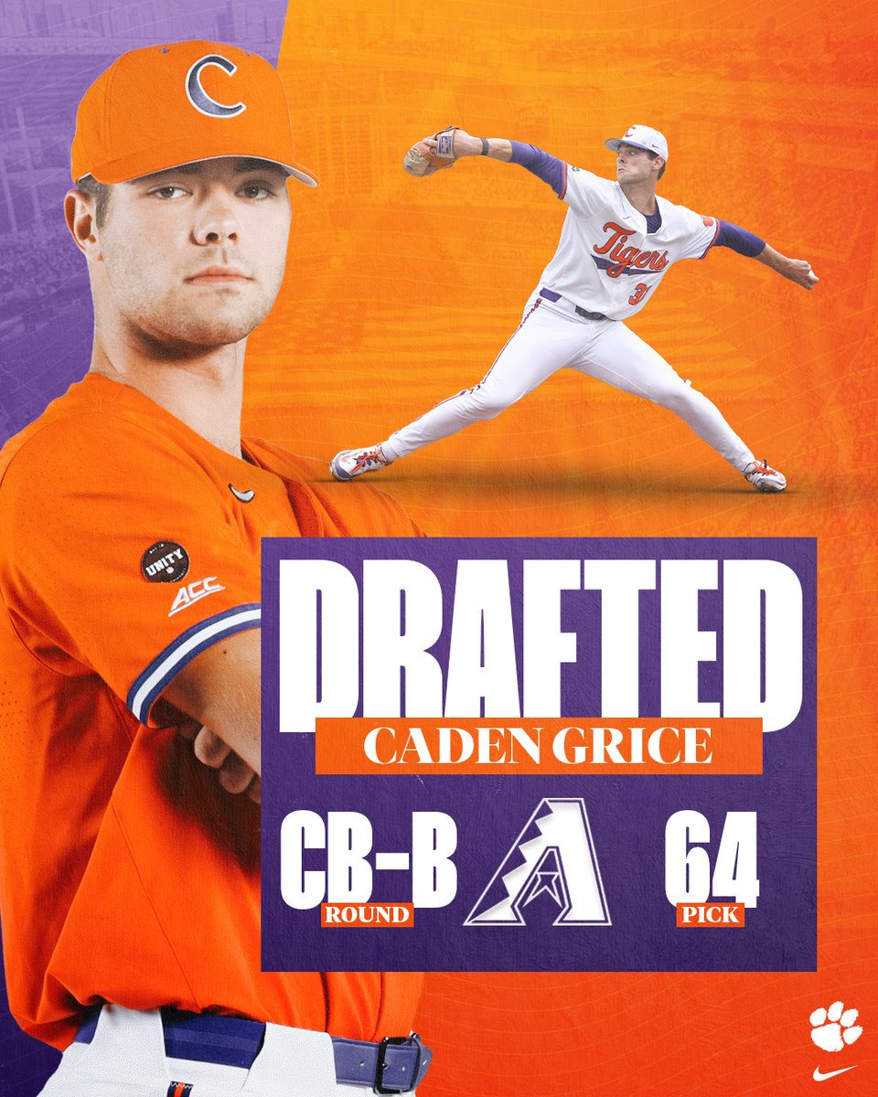 Congrats, @CadenGrice3❗️ 👏 ⚾️ The junior LHP/1B was drafted in the Competitive Balance B round (No. 64 overall) by @Dbacks❗️ #ClemsonFamily 🐾 🐅 #MLBDraft @MLB