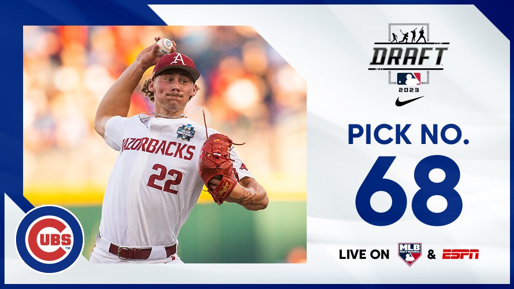 With the 68th pick, the <a href="/Cubs/">Chicago Cubs</a> select <a href="/RazorbackBSB/">Arkansas Baseball</a> right-handed pitcher Jaxon Wiggins, No. 103 on the Top 250 Draft Prospects list.

Watch live: atmlb.com/44DKVbZ