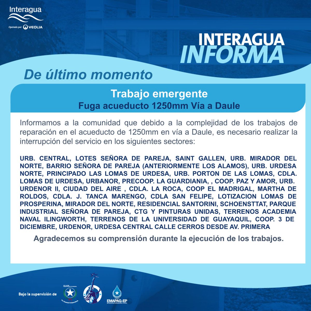 👷🏻‍♂️Atención: Debido a la complejidad de los trabajos en vía a Daule, es necesario realizar la interrupción del servicio en los siguientes sectores. 

Mantente informado por nuestros canales oficiales.