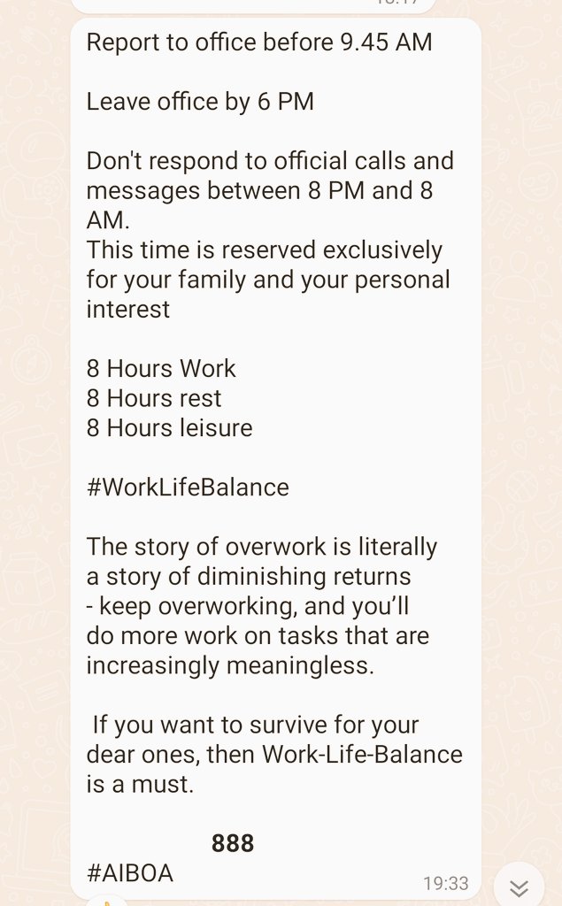 AUCBO_Tamilnadu's tweet photo. @subhrangshu2018 @DFS_India @ChiefIba @PMOIndia @RBI @UCOBankOfficial @nsitharaman @UCOBankOfficial
@nsitharaman
#WorkLifeBalance
needs serious attention in Banks
SOP are needed to ensure that the employees don't overwork beyond the #regulatedworkinghours
#health
,mental peace,protection from serious medical ailments and longevity of the workforce is must https://t.co/brfhiLddjg