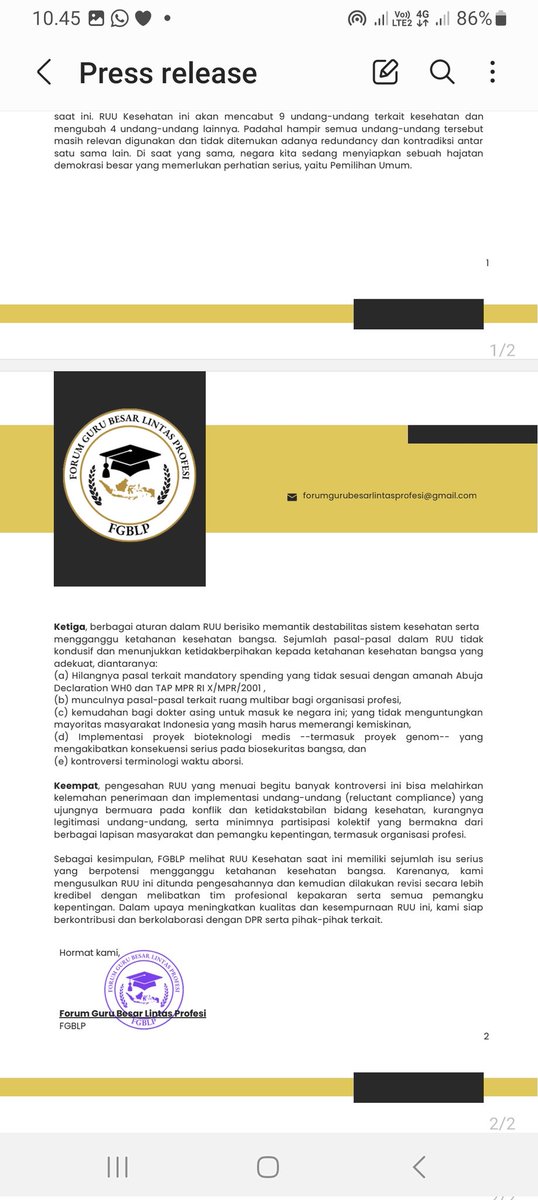 Pers release Forum Guru Besar Lintas Profesi
#GuruBesarTurunGunung
#TundaPengesahanRUUKesehatan