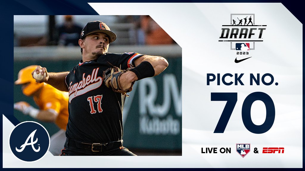 With the 70th pick, the @Braves select @GoCamelsBSB right-handed pitcher Cade Kuehler, No. 59 on the Top 250 Draft Prospects list. Watch live: atmlb.com/44DKVbZ