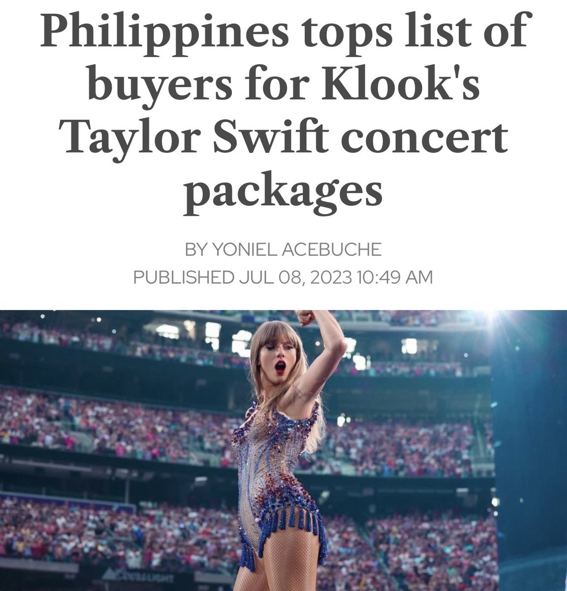 TSTheErasTourSG's tweet photo. 📰 | Swifties from Philippines topped the list of buyers for tickets sold with Klook Packages for The Eras Tour Singapore. https://t.co/lxtWcA6KfD