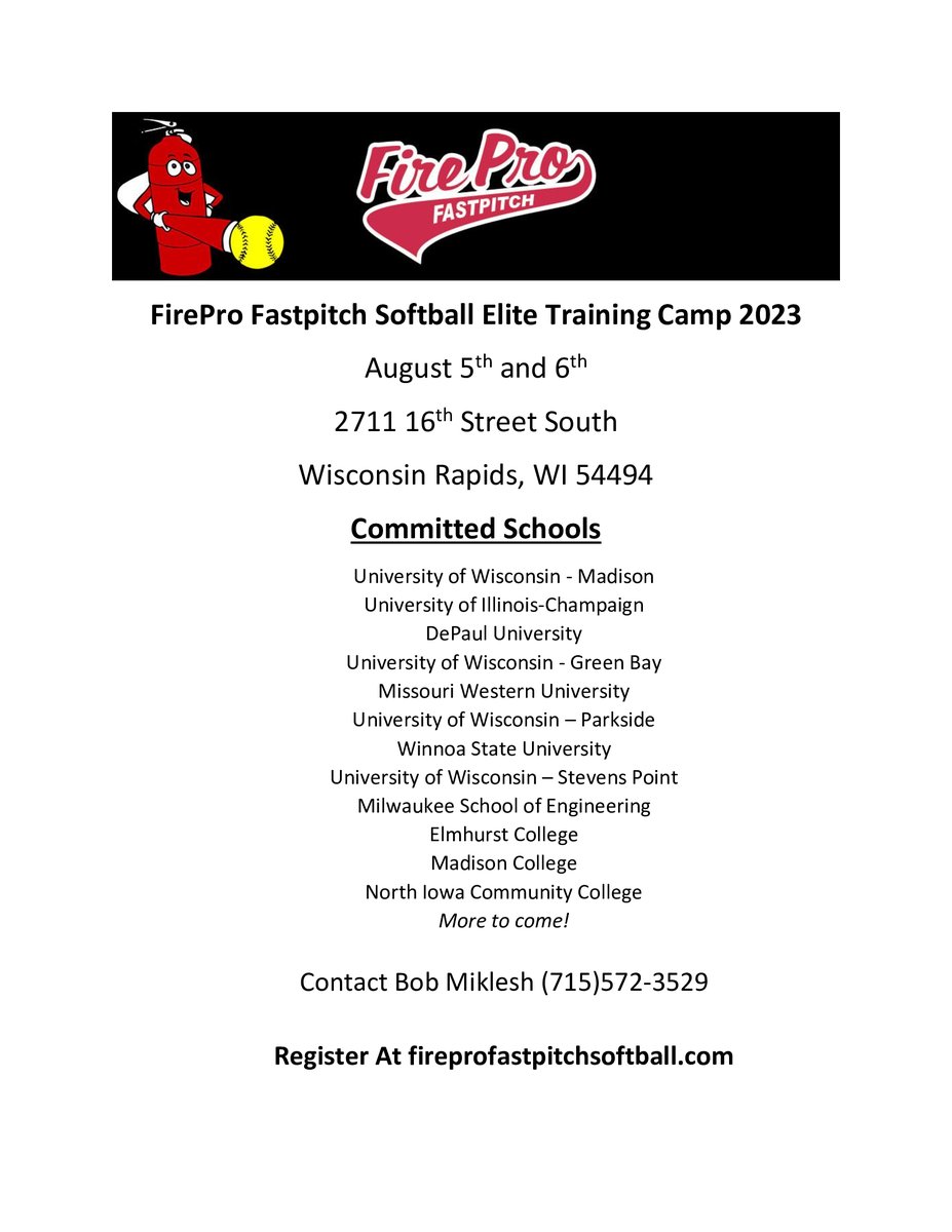 website_fire's tweet photo. ***REMINDER****

Registration is now open for the August 5, 6 2023 Elite training camp/ recruiting camp run by college coaches from the D1 level to JUCO level, at the Wisconsin Rapids Area Sports Complex

Click here to register:https://t.co/fcNx0K5dFk https://t.co/zK4PEJxsXN