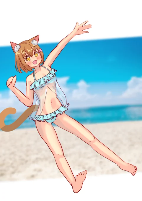 あついので水着なうちの子ミミちゃん! 背景は素材を使いました #イラスト