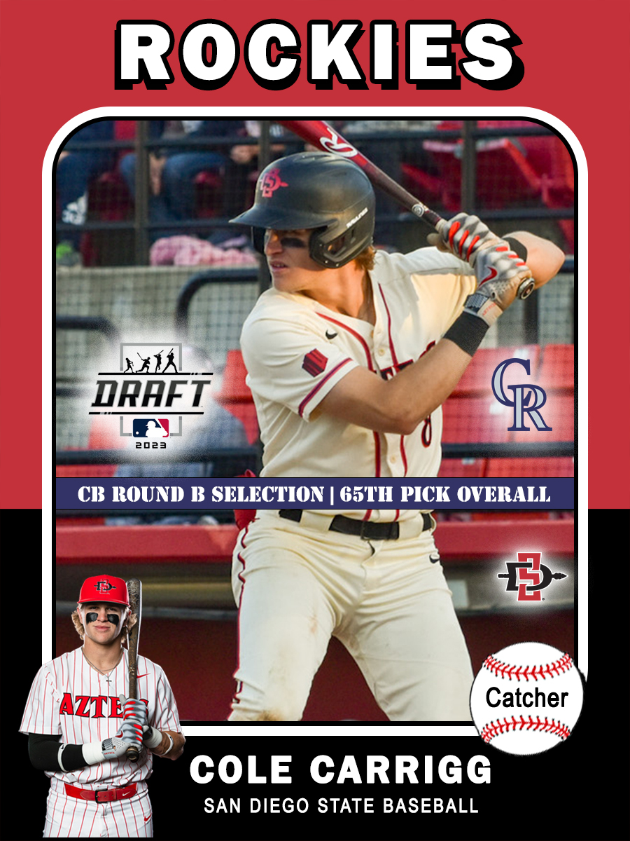 AztecBaseball's tweet photo. Congrats to @CarriggCole, who was chosen by the @Rockies in the Competitive Balance "B" Round of the 2023 @MLBDraft with the 65th overall selection!
#GoAztecs | #AztecForLife 🔥 💪 ⚾️ https://t.co/QNMDBnH6mP