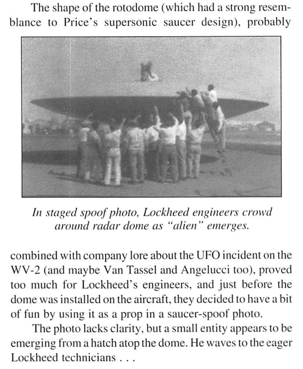 mrjeffknox's tweet photo. #ufotwitter Lockheed knows how to have fun with the UFO topic. Here they fake a landed UFO photo with an occupant emerging, using a Rotodome as a stand in for a flying saucer. https://t.co/bi3jOaoT4M