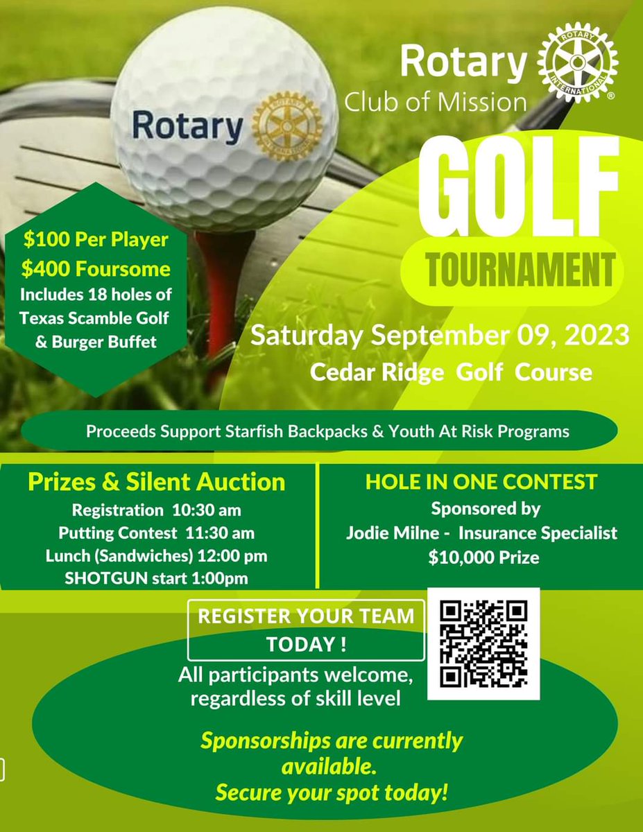 The Annual Rotary Golf Tournament is back! 
Sept 9th, 2023 at Cedar Ridge Golf Course - 9500 Clay Street, Mission.
Hole In One Contest ($10,000) sponsored by Jodie Milne - Insurance Specialist.

#golfstronggolong #Rotary #missionbc