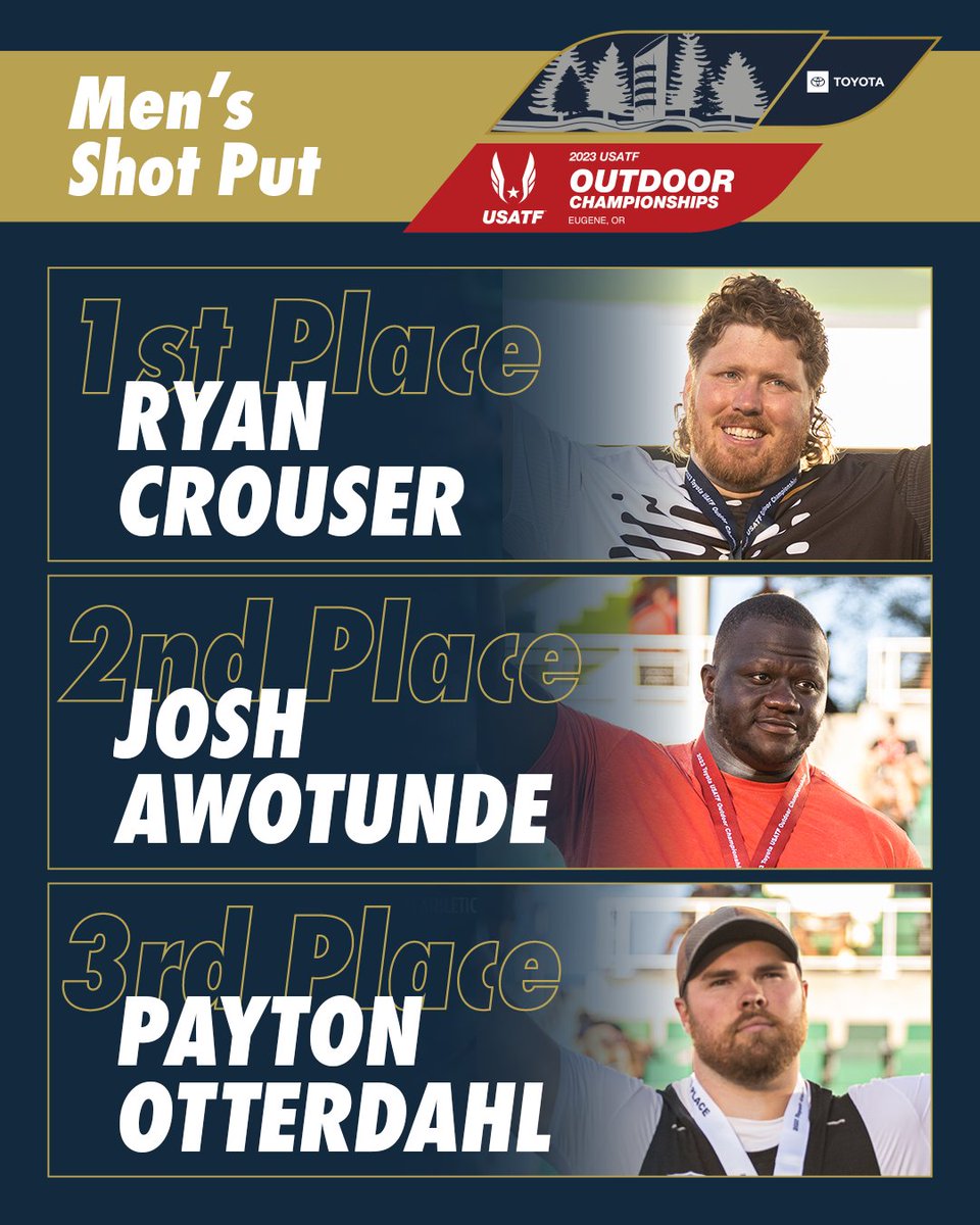 🥇 Ryan Crouser | 22.86m
🥈 Josh Awotunde | 22.10m
🥉 Payton Otterdahl | 22.09m

#USATFOutdoors