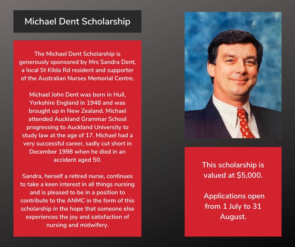 The ANMC is pleased to announce that applications for the 2024 Michael Dent Scholarship, valued at $5,000, are now open. More information on our website.
#australiannursesmemorialcentre #scholarships #nursingscholarships #midwiferyscholarships #nurses #midwives