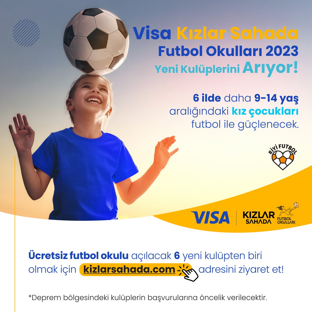 Kız çocuklarımıza ücretsiz futbol ve sosyal gelişim fırsatı sunduğumuz Visa Kızlar Sahada Futbol okulları kulüp ve antrenör başvurularımız başladı!⚽️Sen de bizimle kız çocuklarına parlak bir geleceği futbol ile inşa etmek için çalışmak istiyorsan: bitly.ws/KUYZ