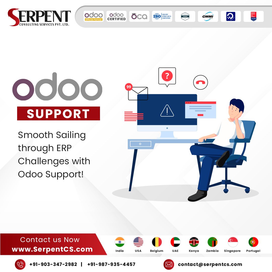 Serpent_CS's tweet image. Smooth Sailing through #ERP Challenges with #OdooSupport!

Whether you&apos;re facing technical challenges, struggling with customization, integration issues, our certified #OdooExperts will help you navigate through any roadblocks hindering your progress.

🌐 bit.ly/services-odoo-…