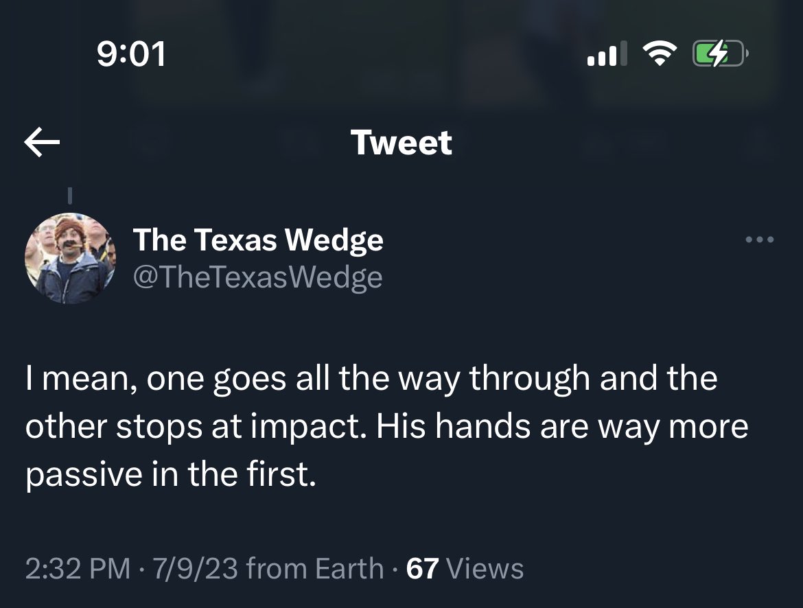 TheTexasWedge's tweet photo. @LorienScott Literally never said he didn’t. He’s trying to help someone who slaps at the ball with his hands by getting his arms to move more effectively. It’s a pretty straightforward tip, “you use your hands too much because your arms move bad. Arms move better, take some of hands out” https://t.co/pOOPto6f3j