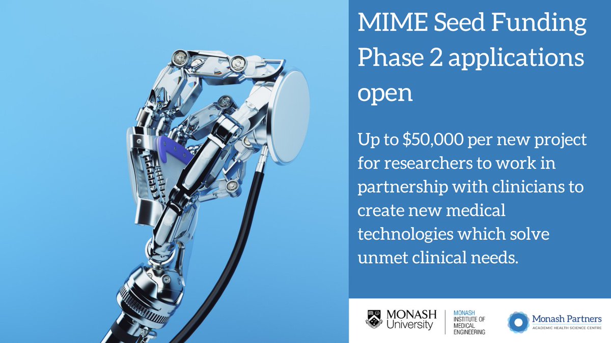 Monash Institute of Medical Engineering (MIME) (@monashmime) on Twitter photo FUNDING:Opp for clinical innovation now open in 2023 MIME Seed Funding round. <a href="/monashengineers/">Monash Engineering</a> <a href="/MonashInfotech/">Monash Information Technology</a> <a href="/monashada/">Monash Art, Design and Architecture</a> staff now invited to express interest in solving proposed clinical problems. Apps close 5pm August 21. Info session 1-2pm AEST July 21 bit.ly/3MBVNRF FUNDING:Opp for clinical innovation now open in 2023 MIME Seed Funding round. <a href="/monashengineers/">Monash Engineering</a> <a href="/MonashInfotech/">Monash Information Technology</a> <a href="/monashada/">Monash Art, Design and Architecture</a> staff now invited to express interest in solving proposed clinical problems. Apps close 5pm August 21. Info session 1-2pm AEST July 21 bit.ly/3MBVNRF