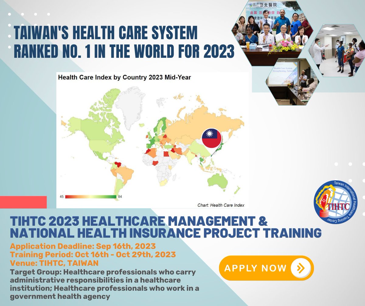 Taiwan International Healthcare Training Center on X: "Are you interested  in delving deeper into Taiwan's healthcare system? Don't miss the  opportunity to apply for the upcoming #TIHTC 𝗛𝗲𝗮𝗹𝘁𝗵𝗰𝗮𝗿𝗲  𝗠𝗮𝗻𝗮𝗴𝗲𝗺𝗲𝗻𝘁 & 𝗡𝗮𝘁𝗶𝗼𝗻𝗮𝗹 ...