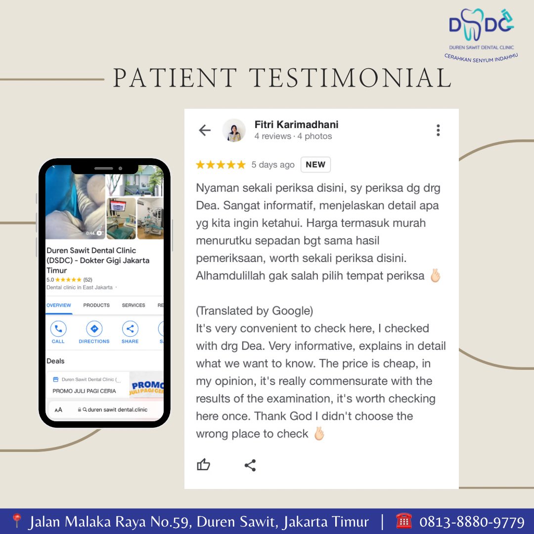 DSDC_KlinikGigi's tweet photo. Berikut sharing pengalaman pasien yang sudah perawatan di DSDC�� Terima kasih atas feedback positifnya di google review untuk DSDC, semoga kami bisa memberikan pelayanan terbaik bagi pasien-pasien���

Info dan Reservasi:
📲 0813-8880-9779 (WA)
📍JI. Malaka Raya no.59, Duren Sawit https://t.co/HNoseUzmBq