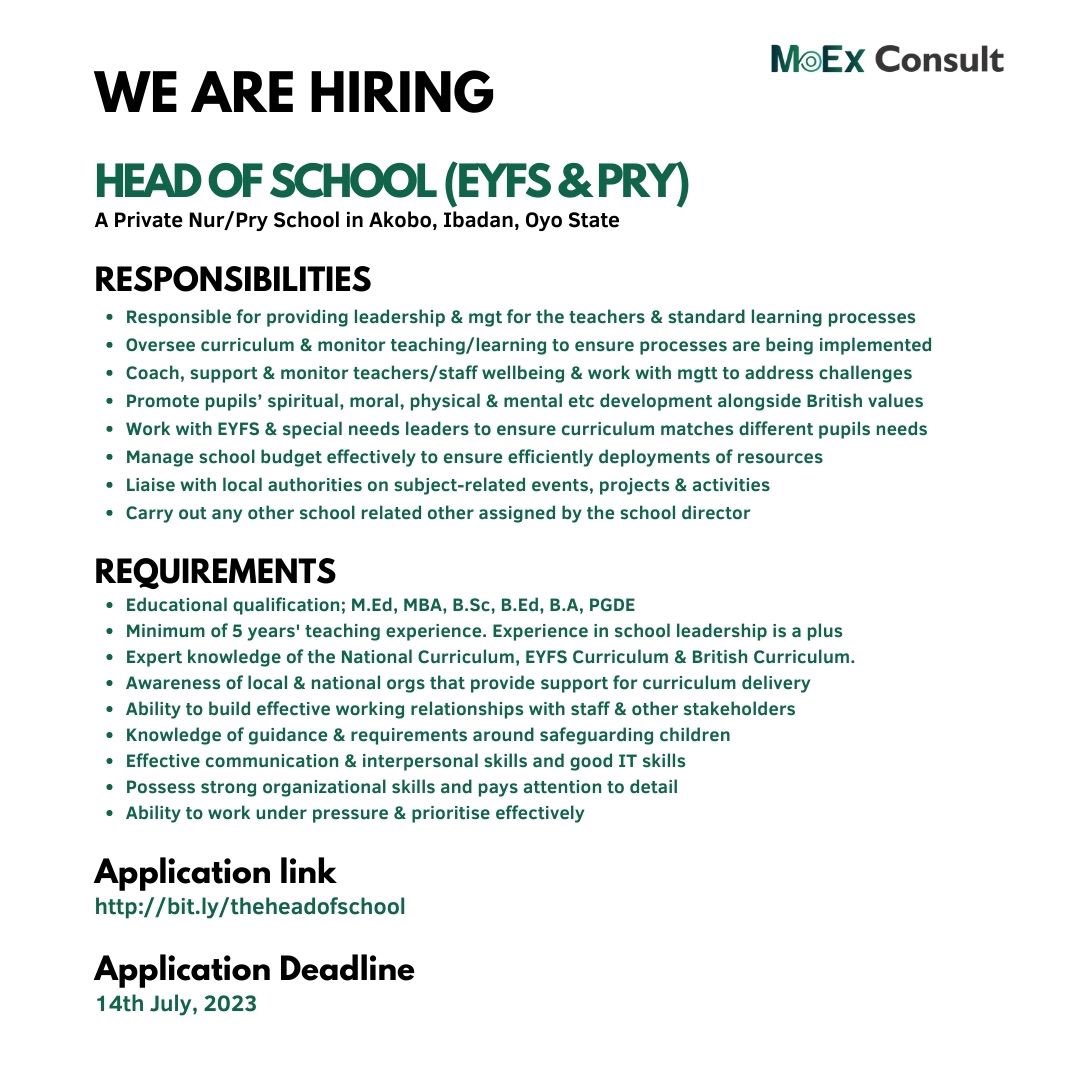 Head of School for Dainty Oaks School located at PDCOS Estate, Akobo, Ibadan Oyo State.

Salary: N200,000 - N250,000 (based on level of experience)

Qualified candidates should apply via the link: docs.google.com/forms/d/e/1FAI…