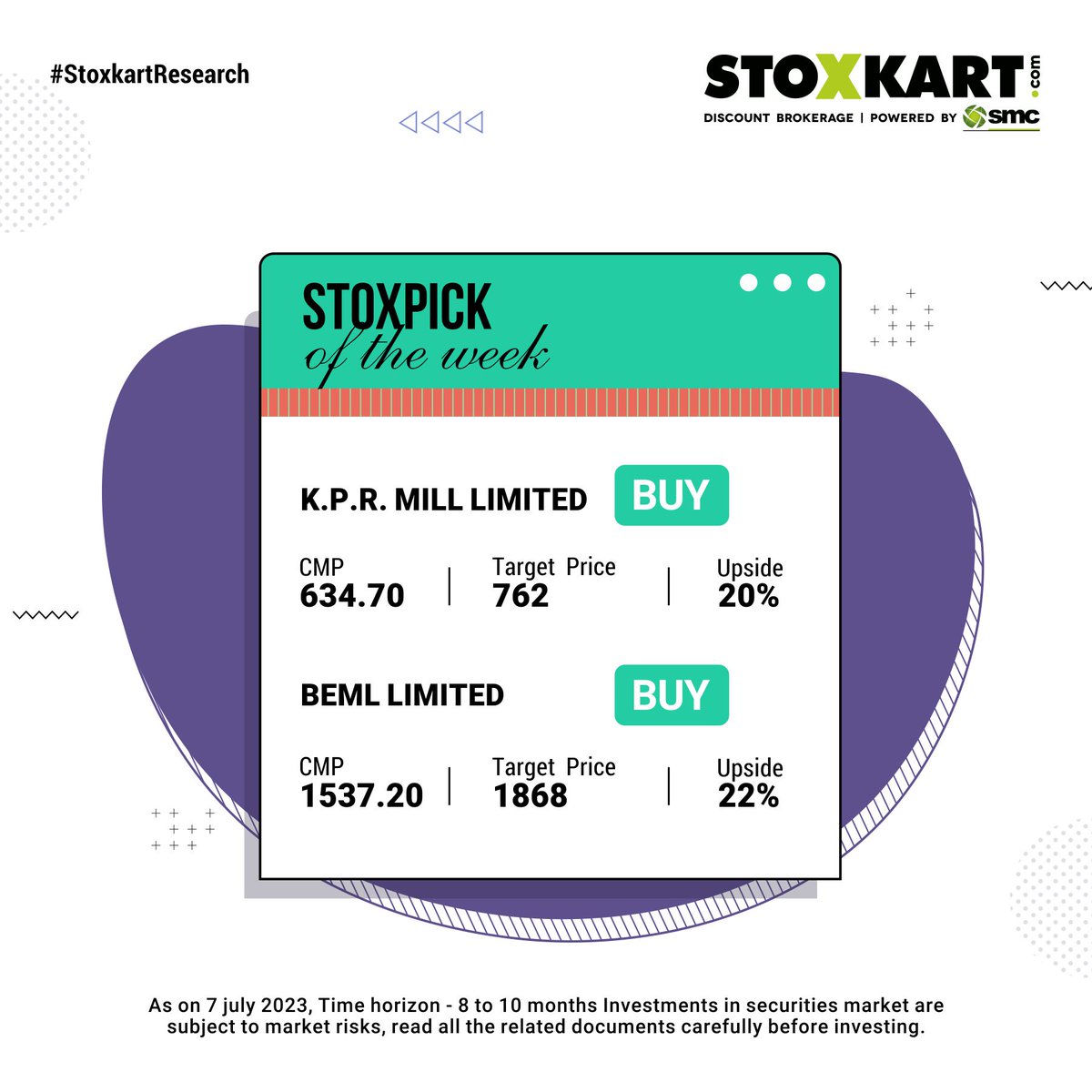 stoxkartonline's tweet photo. Stox Pick of the Week!

Two Fundamental #Stocks of week to strengthen your portfolio.

#Stockideas #StoxPick #tradingonline #tradingstocks #stockinvestments #Stockmarketindia #smartinvestments #investmentadvisor https://t.co/3ccEqaL0AE