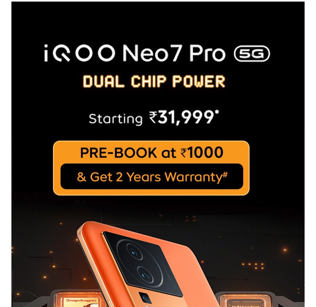 prathapgtech's tweet photo. The wait is almost over #iQOONeo7Pro sale goes live on 15th July on @amazonIN.
#iQOONeo7Pro #iQOO #PowerToWin #iQOONeo7Pro5G #socialsauce https://t.co/95pgLdUyld