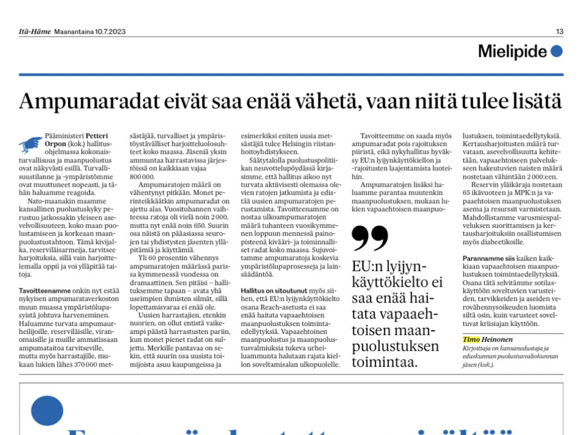 timoheinonen's tweet photo. Tänään kirjoitan @itahame päätöksistämme lisätä ampumaratojen määrä tuhanteen vuosikymmen loppuun mennessä. Haluamme myös turvata nykyisten jatkoa ja helpottaa luvituksia. #ampumaradat @yministerio @Sisaministerio @DefenceFinland @SML1921 #SAL https://t.co/Ji6CPZapv6