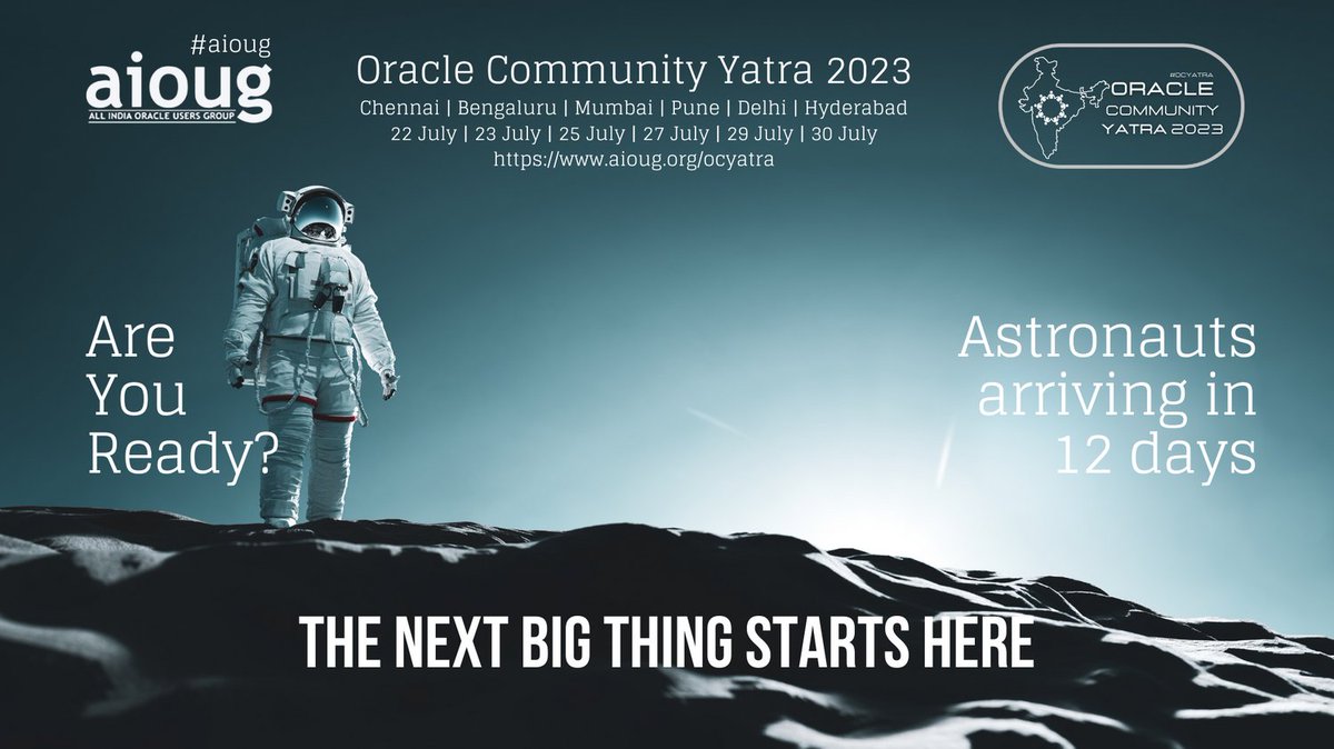 All India Oracle Users Group (AIOUG) (@aioug) on Twitter photo Are you Ready? The clock is ticking! Don't miss the magic of #OCYatra2023. We are officially 12 DAYS TO GO until our #OCYatra2023, The Biggest Oracle Festival in India. To find out more aioug.org/ocyatra
<a href="/Oracle/">Oracle</a> <a href="/oracleugs/">Oracle User Groups</a> <a href="/oracleace/">Oracle ACE Program</a> <a href="/Oracle_India/">Oracle India</a> <a href="/OracleDevs/">Oracle Developers</a> Are you Ready? The clock is ticking! Don't miss the magic of #OCYatra2023. We are officially 12 DAYS TO GO until our #OCYatra2023, The Biggest Oracle Festival in India. To find out more aioug.org/ocyatra
<a href="/Oracle/">Oracle</a> <a href="/oracleugs/">Oracle User Groups</a> <a href="/oracleace/">Oracle ACE Program</a> <a href="/Oracle_India/">Oracle India</a> <a href="/OracleDevs/">Oracle Developers</a>