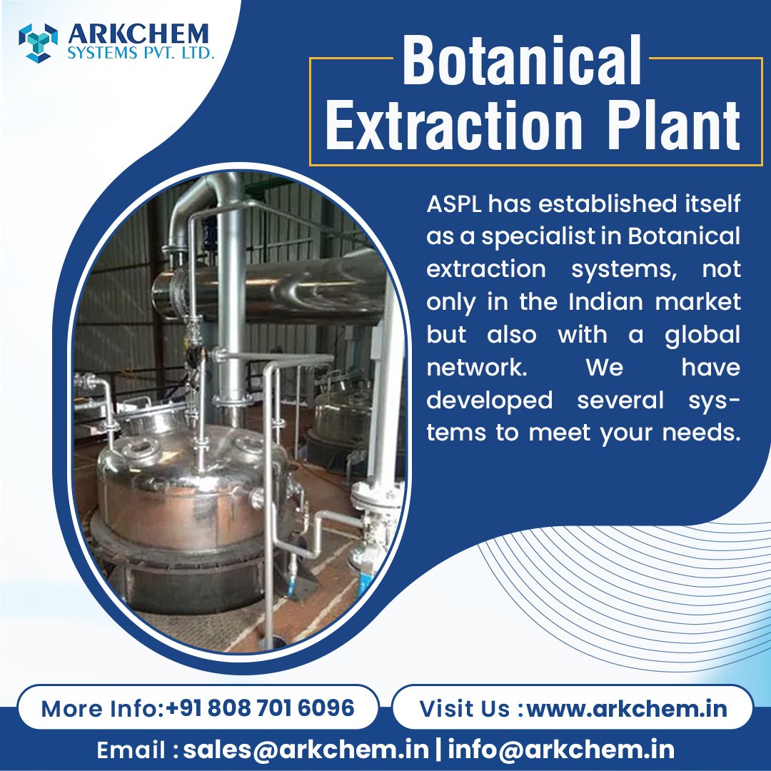 arkchemsystems's tweet image. Revolutionizing natural extracts with the Arkchem Systems Botanical Extraction Plant.

arkchem.in

#arkchemsystems #turnkeysystems #distillationsystems #evaporationsystems  #dryingsystem #extractionsystems #mixingsystem #customizedsystems #industrialproducts #Pune
