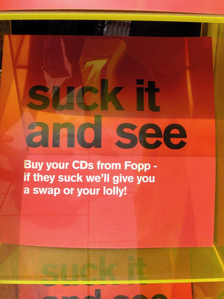 mavmaramis's tweet image. Suck it and see poster in the window of the defunct Fopp shop in Bristol. #Fopp #Bristol #poster