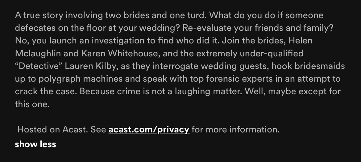 gavinformayor's tweet photo. “Who Shat on the Floor at My Wedding”
11/10 must listen to podcast https://t.co/RfJ3nbdyKq