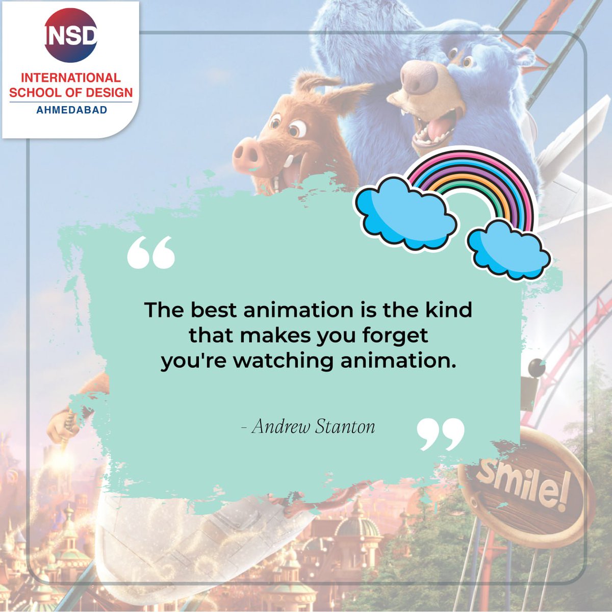 'The best animation is the kind that makes you forget you're watching animation.' - Andrew Stanton

#quotes #quote #animationquotes #animation #animationcourses #storytelling 
#animationdesign #animationschool #designschool #ahmedabad #insdahmedabad #designschoolinahmedabad