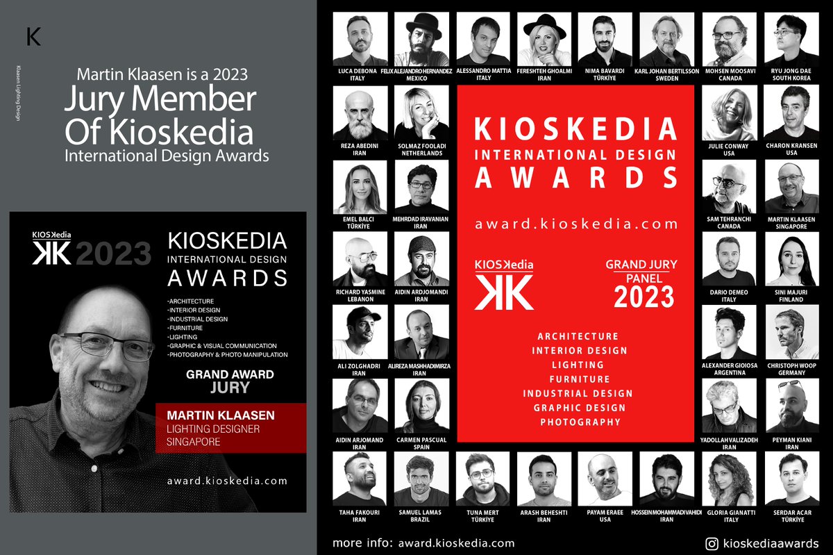 Martin Klaasen is a 2023 Jury member for the KIOSKedia International Design Awards.

#KlaasenLightingDesign #kioskediaawards #designawards #lighting #architecture #interiordesign #furniture #industrialdesign #objectdesign #photography #graphic #visualcommunication