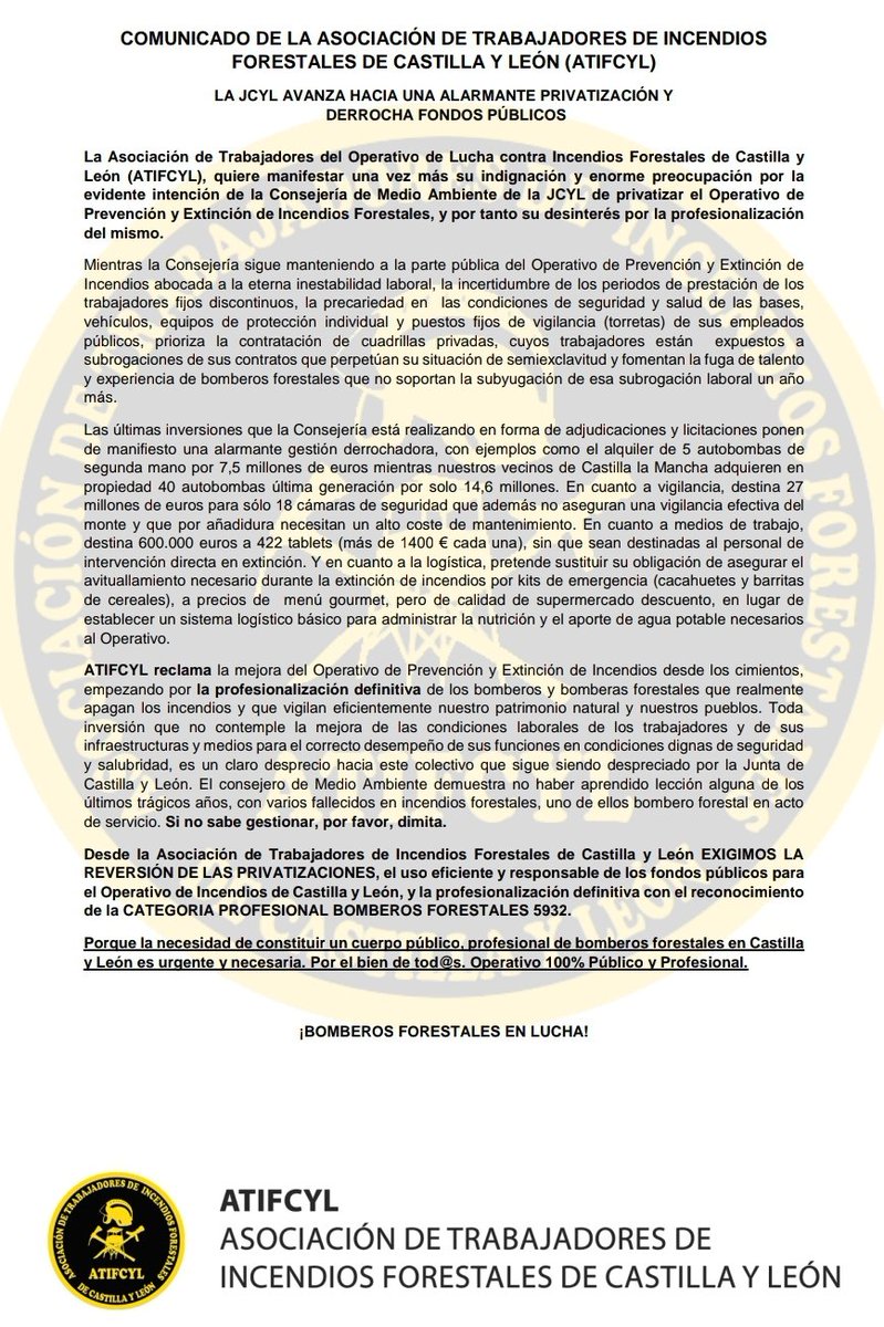 Comunicado : La Junta de Castilla y León y al frente @alferma1, avanza hacia una alarmante privatización del operativo y derrocha fondos públicos