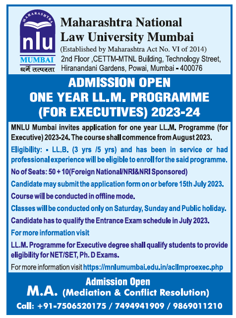 Admission Open One Year LL.M. PROGRAMME (For Executives) 2023-24 Course brochure at the official website: lnkd.in/diwb8trd Admission Open M.A.(MEDIATION & CONFLICT RESOLUTION) Course brochure at the official website: lnkd.in/dgaSRn_p