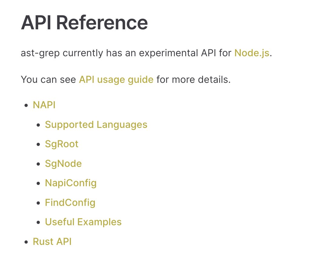 hd_nvim's tweet image. #ast_grep has a new #napi doc page for more people to use it as a library. 🚀
ast-grep.github.io/reference/api.…