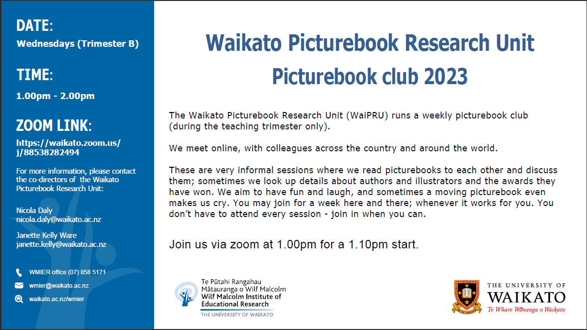 uow_education's tweet photo. Wanting to explore the world of picturebooks? Keen to learn from and alongside like-minded individuals?Then our WaiPRU has you covered with this weekly picturebook club!
Join the Zoom call every Wednesday (or simply whichever Wednesdays work for you)!
#wueducation #picturebooks https://t.co/hMG1VAN5PA