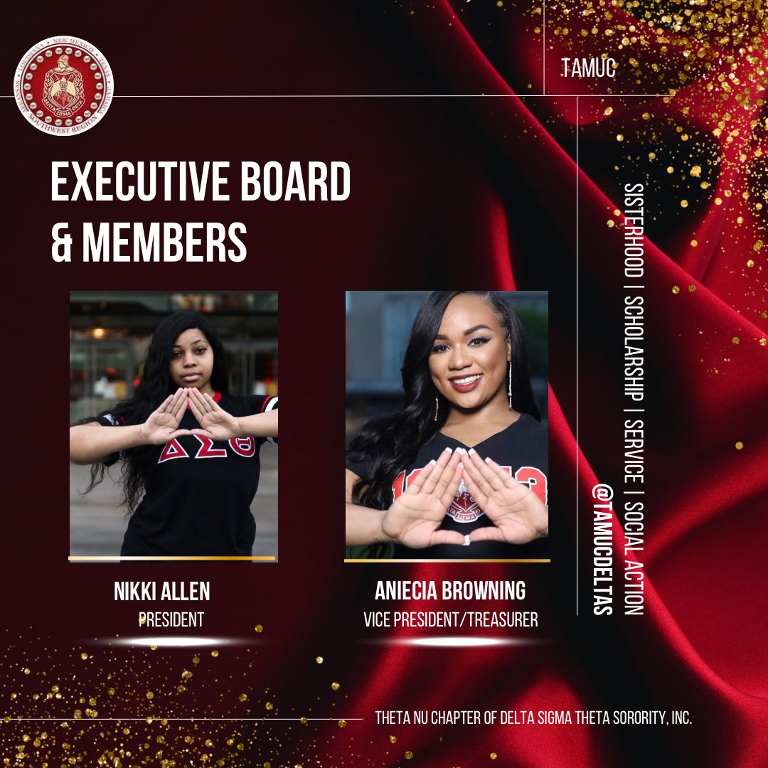 tamucdeltas's tweet photo. Introducing the current executive board and members of The Theta Nu Chapter of Delta Sigma Theta Sorority, Inc. for the following 2023-2024 year ❤️. 

Nikki Allen - President
Aniecia Browning - Vice President/Treasurer 

#TAMUC #DST1913 https://t.co/3UiGcvZRuc