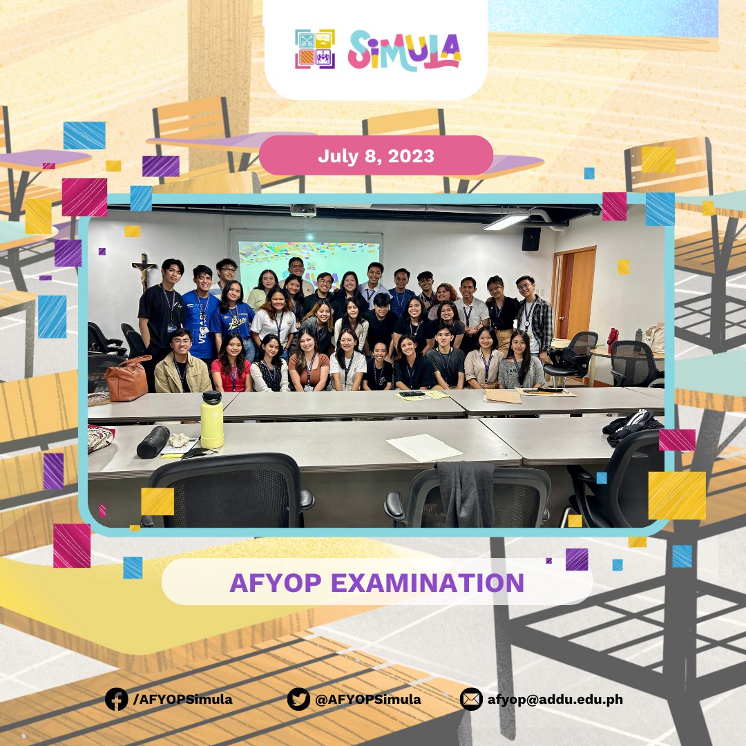 AFYOPDayon23's tweet photo. AFYOP UPDATE 📩 | DAY 6 of the Training and Development Program for AFYOP Facilitators. The Junior Facilitators braved their 𝐀𝐅𝐘𝐎𝐏 𝐄𝐱𝐚𝐦𝐢𝐧𝐚𝐭𝐢𝐨𝐧. Filled enthusiasm as our facilitators will eagerly welcome our freshies into the vibrant Ateneo Community.

#AFYOP2023 https://t.co/ingXW07wxd