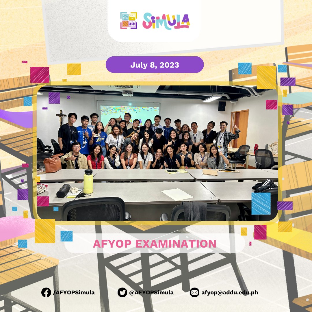 AFYOPDayon23's tweet photo. AFYOP UPDATE 📩 | DAY 6 of the Training and Development Program for AFYOP Facilitators. The Junior Facilitators braved their 𝐀𝐅𝐘𝐎𝐏 𝐄𝐱𝐚𝐦𝐢𝐧𝐚𝐭𝐢𝐨𝐧. Filled enthusiasm as our facilitators will eagerly welcome our freshies into the vibrant Ateneo Community.

#AFYOP2023 https://t.co/ingXW07wxd