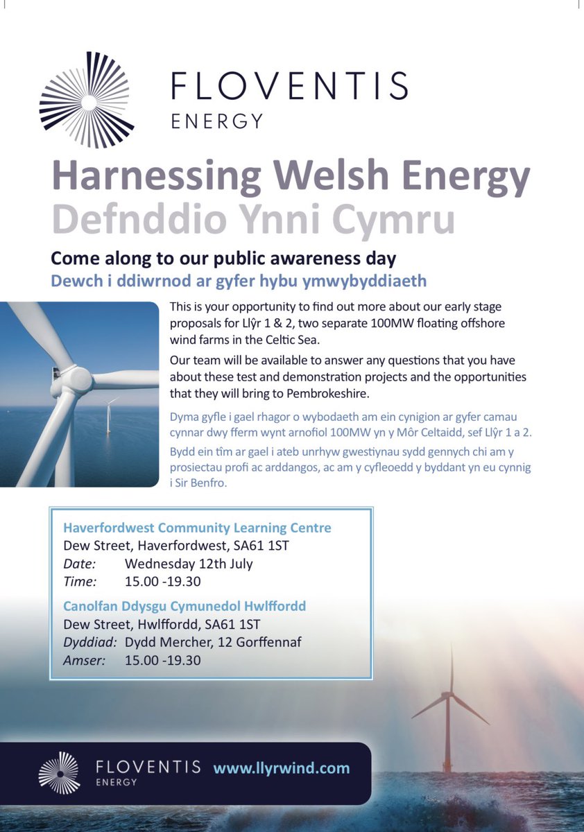 Floventis Energy (@floventis) on Twitter photo It's another week of Public Awareness Days for the 🏴team. Join us this coming Tuesday and Wednesday for the opportunity to find out more about the Llŷr 1 and 2 #floatingoffshorewind projects in the #CelticSea
<a href="/Pembrokeshire/">PembrokeshireCC</a> It's another week of Public Awareness Days for the 🏴team. Join us this coming Tuesday and Wednesday for the opportunity to find out more about the Llŷr 1 and 2 #floatingoffshorewind projects in the #CelticSea
<a href="/Pembrokeshire/">PembrokeshireCC</a>