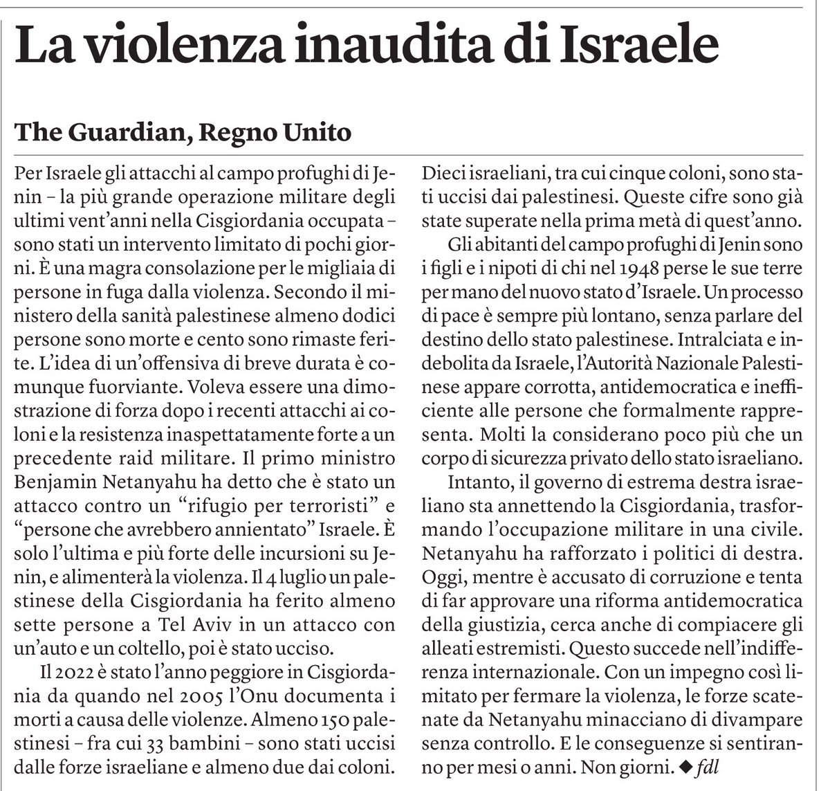 francofontana43's tweet photo. “La violenza inaudita di Israele”
L’editoriale del Guardian
Tradotto e ripreso da @Internazionale che pubblica anche una foto di palestinesi del campo profughi di Jenin, in fuga anche da lì. https://t.co/lx41TiufDP