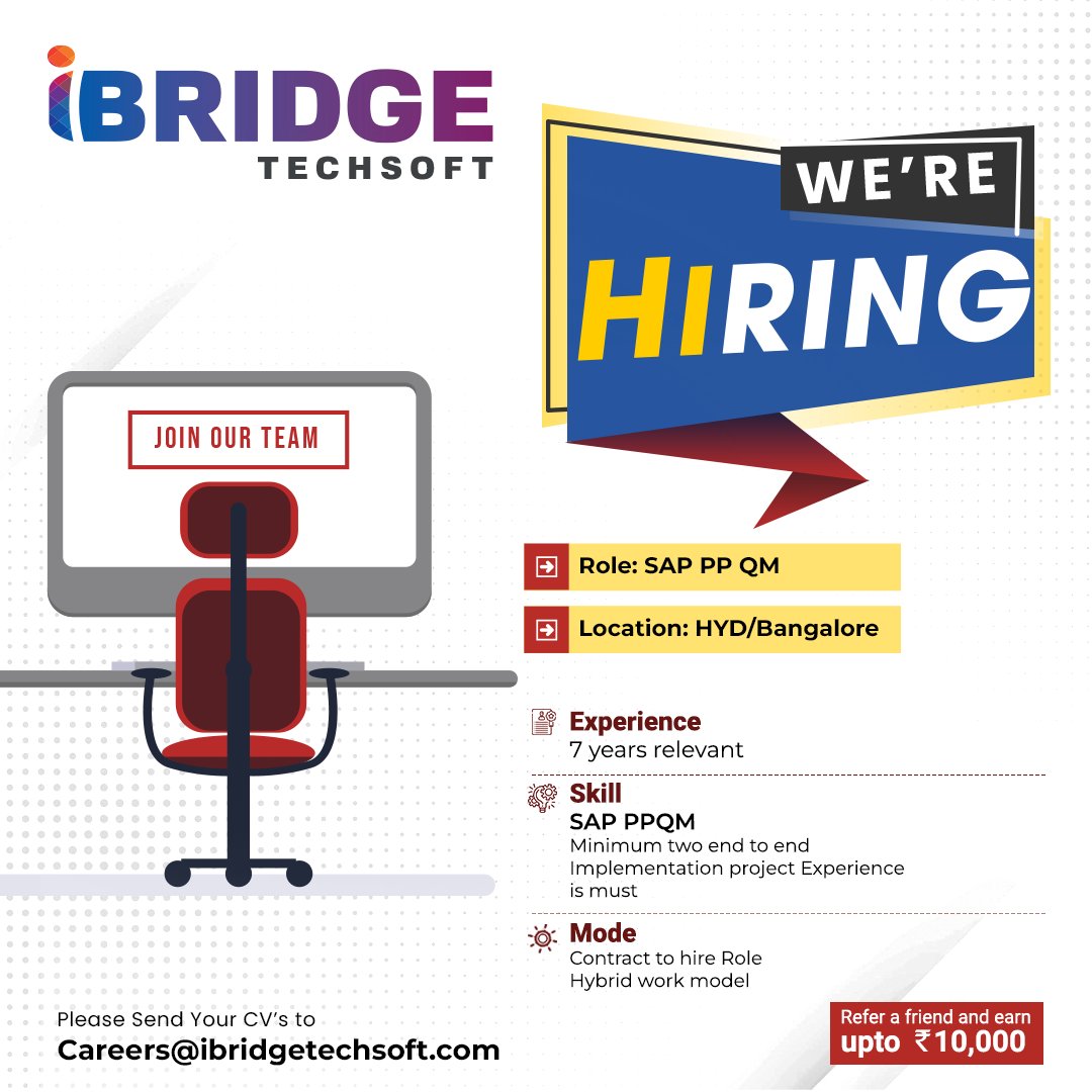 TechsoftIbridge's tweet photo. We are hiring SAP PP QM with an experience of 7+ years for Hyderabad/ Bengaluru locations. Interested candidates share resumes to careers@ibridgetechsoft.com
Visit Us🌐:https://t.co/nh0fBGD67p
#IBridgeTechsoft #HiringAlert #SAP #SAPPP #PPQM #SAPPPQM #SAPProjects https://t.co/DO8jsEDeEk