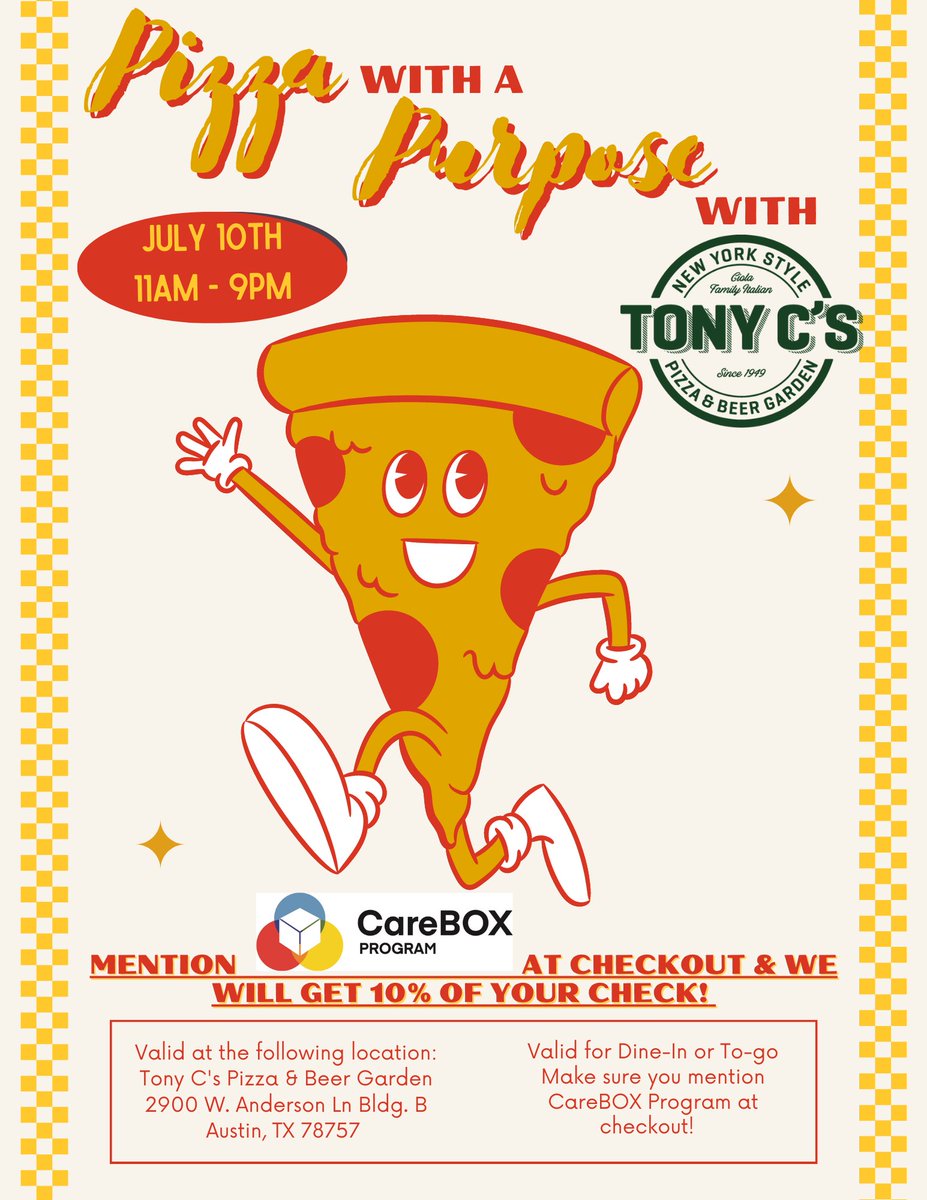 Come join us TODAY from 11AM to 9PM at Tony C's Pizza and Beer Garden on Anderson Ln.!! Dine in or take out all day, just mention CareBOX Program at checkout!