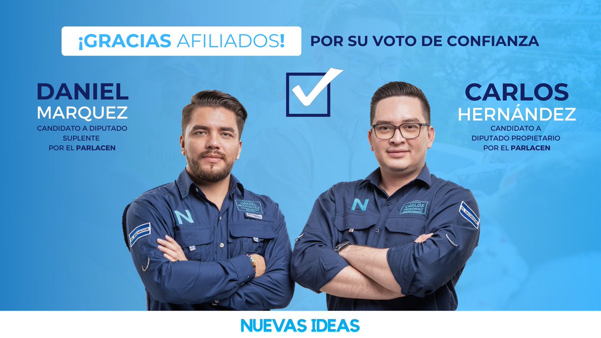 CarlosHdez_SV's tweet photo. Gracias por tu apoyo @DanielMarquezNI juntos seguiremos como diputados  de @nuevasideas en el PARLACEN construyendo una #RegiónDeOportunidades #Casilla5PARLACEN 🇸🇻🙌 https://t.co/qF0M9eQAFC