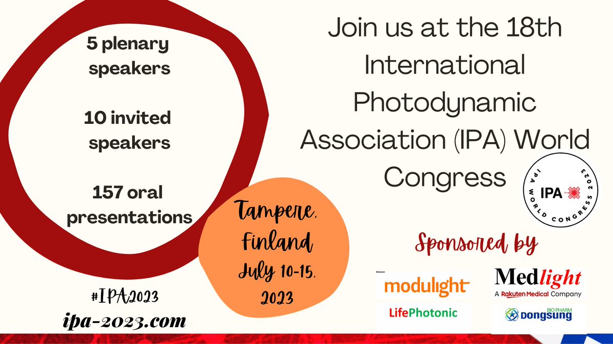 The 18th International Photodynamic Association (IPA) World Congress starts TODAY. We look forward to the talks and presentations from the IPA community!
Use #IPA2023 and tag <a href="/photodynamicIPA/">IntPhotodynamicAssoc</a> on posts. <a href="/IPA2023/">IPA-2023</a>