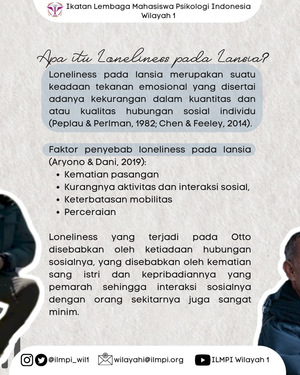 ILMPI_Wil1's tweet photo. [BPPK WIL 1 : PSYCHOLOGY ART/PSY-ART]

Tahukah kamu kalo loneliness dapat terjadi pada siapa saja, termasuk lansia?
Yuk, kita telusuri loneliness pada lansia melalui film A Man Called Otto berikut ini.
Check this out! https://t.co/Fw6Up4wL0q